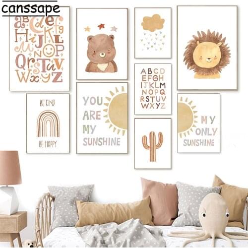 Boho Wall Art Canvas Painting Bear Lion Poster Rainbow Sun Cloud Print Alphabet Posters Nordic Wall Pictures Kids Room Decor