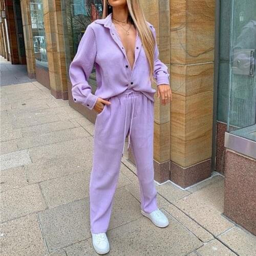 New High Fashion Classic Womens Suit 2021 Office Shirt Wide Leg Pants and Blouses Autumn Girl Pink Single-breasted Top Trousers