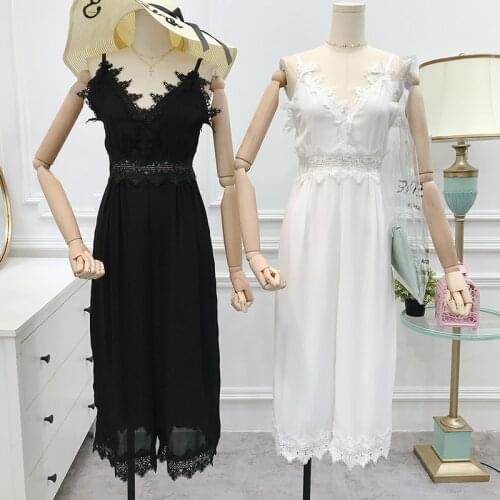 New Summer Hollow Out Chiffon Jumpsuits Women V-Neck Loose Patchwork Lace Pants Slim High Waist Party Ladies Long Jumpsuit Mw306