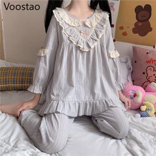 Japanese Spring Sweet Pajama Set Girls Cute Bow Lace Ruffles Long Sleeve Homewear Summer Women Chic Loose Princess Sleepwear