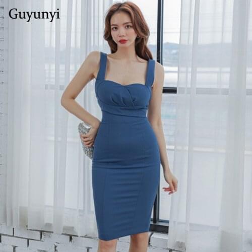 Blue Elegant Party Dress 2021 Summer Simple Sexy Square Collar Sling Strapless Backless Sleeveless High Waist Tight Dress Women