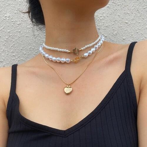 Womens Multilayer Necklace Pearl Pendant Punk Imitation Pearl Heart Pendant Necklace Women 2021 Jewelry Wholesale
