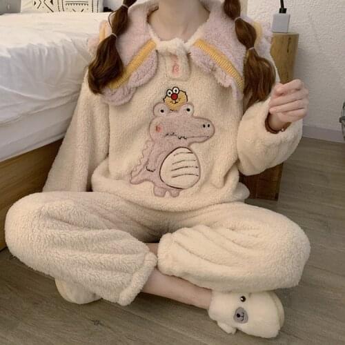Womens casual cute doll collar pajamas plush little dinosaur loose suit girl