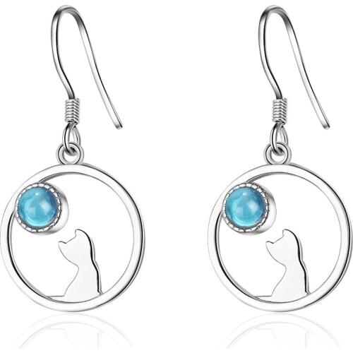 New Arrival 100% 925 Sterling Silver Sweet Cat Animal Blue Opal Stone Ladies Drop Earrings Jewelry For Women Valentines Day