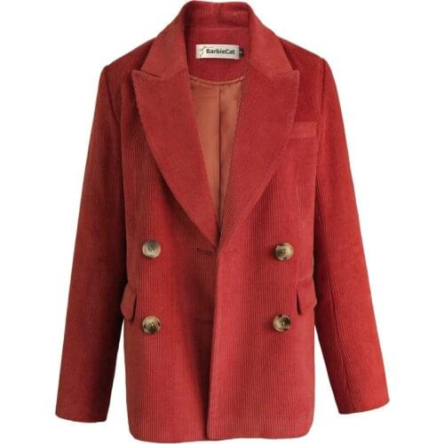 Retro corduroy blazer women spring autumn fashion double breasted straight suit jacket