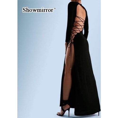 Showmirror Fashion Sexy Hollow Out Backless Bandage Long Sleeve O Neck Leopard Maxi Dress For Women Autumn Party Dresses
