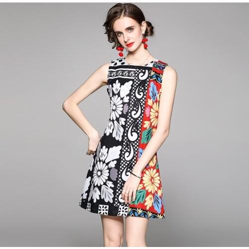 Menahem 2021 Women Summer Beach Runway Vacation Dress Womens Sleeveless O Neck Cartoon Floral Print Elegant Birthday Mini Dress