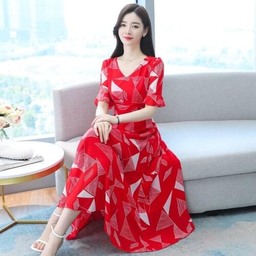 Summer The New Temperament printing Chiffon Dress V Neck Womens fashion red Dress 2021 women fashion clothing