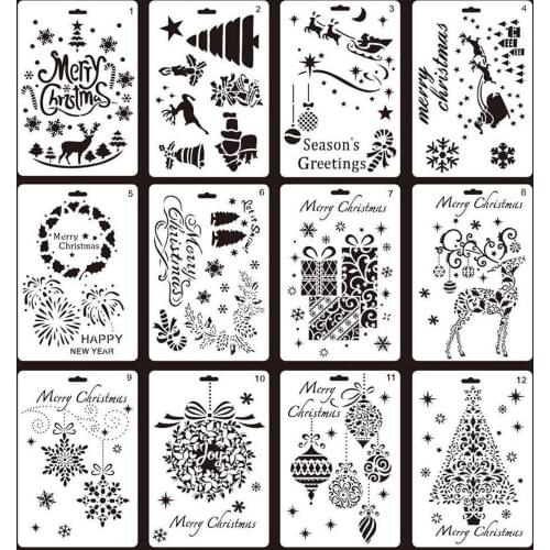 12Pcs Merry Christmas Painting Drawing Stencils Templates DIY Arts Set Toy Gift Pigment School Project Craft Album Card Supplies