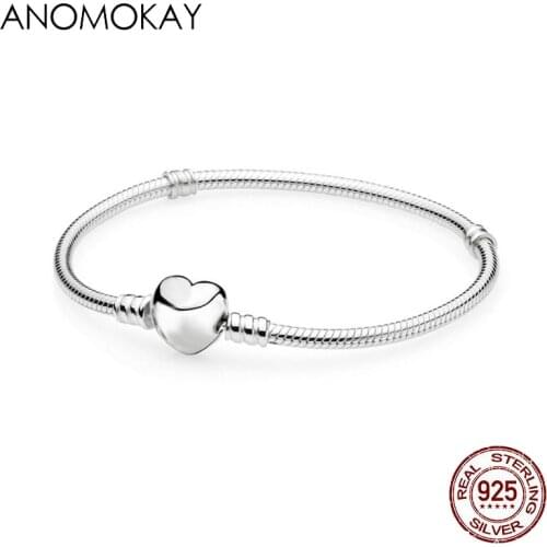 Anomokay Authentic 100% 925 Sterling Silver Moments Heart Bracelet Romantic Heart Clasp Bracelet Luxury Silver Jewelry