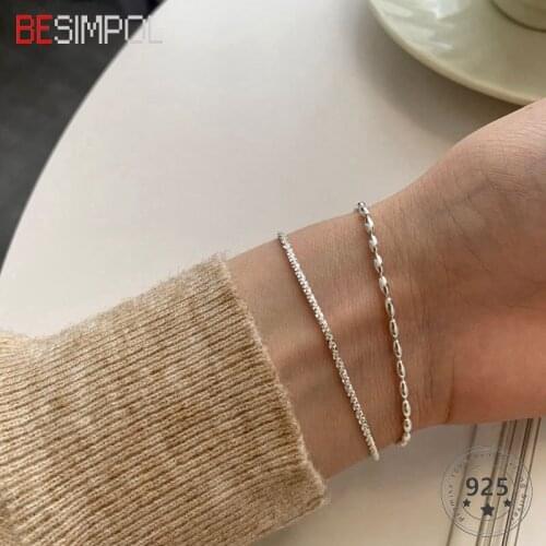 Besimpol Real 925 Sterling Silver Sparkling Bracelet Gypsophila Rice Bead Double Chain Bracelets for Women Luxury Fine Jewelry