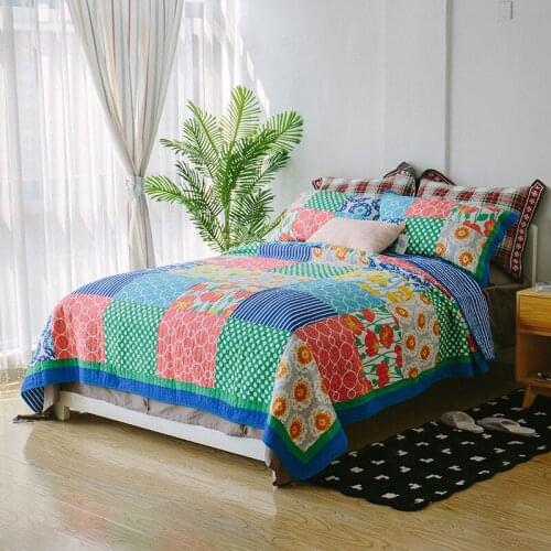 CHAUSUB Patchwork Cotton Quilt Set 3PC Quilts quilted Bed Cover Sheets Including BedSpread*1 Pillowcase*2 King Size Coverlets
