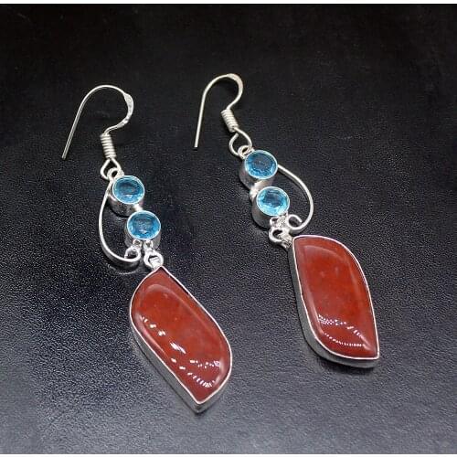 Gemstonefactory Big Promotion Unique 925 Silver Red Wood Jasper Blue Topaz Women Ladies Gifts Dangle Drop Earrings 20212223