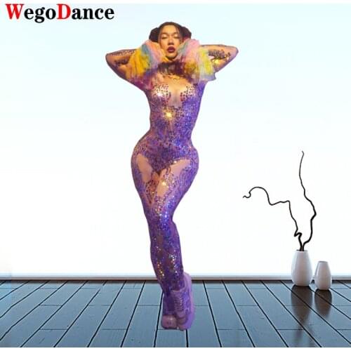 Flashing Colorful Sequins Rhinestones Jumpsuit Womens Birthday Prom Celebrate Outfit Bar Evening Dancer Costume