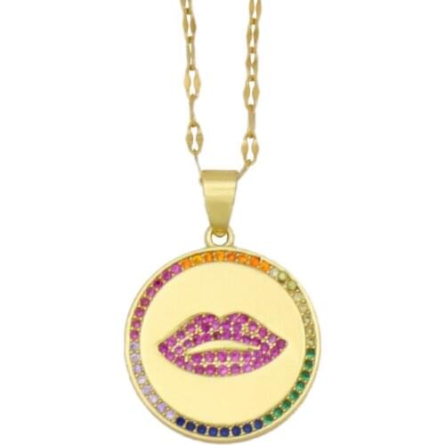 Round Pendant Lips Shaped Necklace for Women Wedding Egagement Birthday Party Gift Bohemia Multicolor Jewelry Zirconia