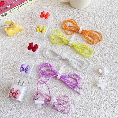 Cute Bow Usb Cable Bites Protector Cable Organizer Wire Winder Protector Saver for Iphone Charging Cable + Plug Data Line Cover