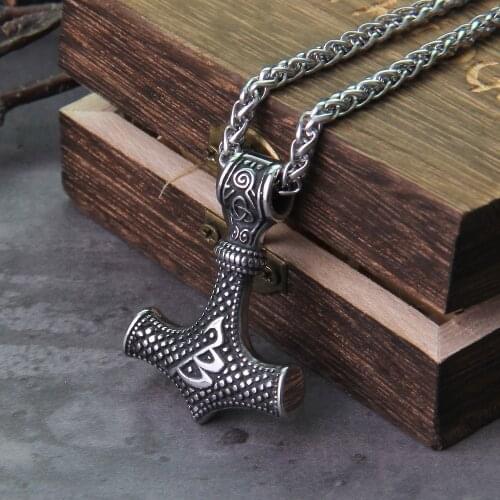 Stainless Steel axe Thors Hammer Necklace Viking Rune Necklace For Men Jewelry Talisman with wooden box as gift
