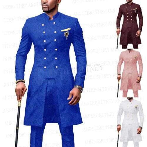 2021 New Jacquard Suit Men Long Blazer For Men Double Breasted Tailcoat Stand Collar Groom Wedding Jacket with Pants Marriage