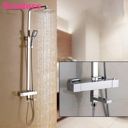 Thermostatic Bathroom Shower Set Quality Brass Square Bathroom Mixer Faucets 8 Inch Rainfall Shower Head Thermostatic Shower Set