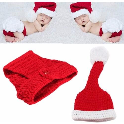 2Pcs/Set Newborn Photography Props Baby Crochet Knit Christmas Hat And Pants Suit Cute Handmade Costume Photo Clothes