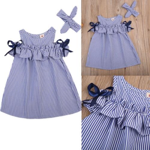 Striped Baby Girls Toddler Kid Dress Embroidery Princess Off Shoulder Party 1-5Y