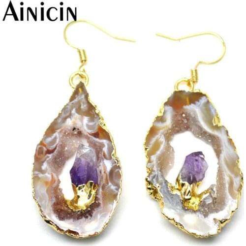 1 pair Rock Crystal Inlay Drusy Geode Stone Gold Color Hook Earrings For Fashion Women Jewelry Best Birthday Gift