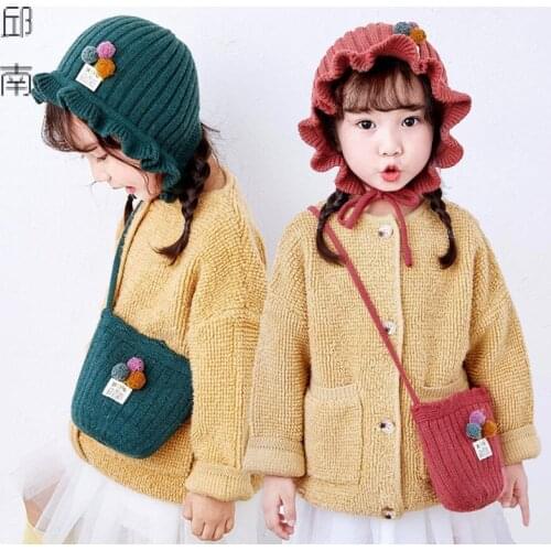 Season Children Hats Bag Suit Wool Hat Girl Lotus Leaf Edge Color Ball Knitting Fisherman Hat Bandage Basin Cap