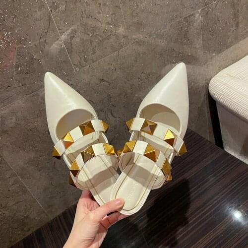 SKLFGXZY Fashion Rivet Slippers Women 2021 Summer New Heel Beach Shoes Outer Wear Sandals Slippers Genuine Leather