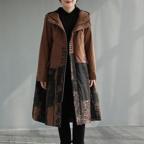 Padded Windbreaker Women Winter Literary Print Hooded Retro Casual Mid -Length Parka Coat Thick Jacket Oversized Clothes y1257