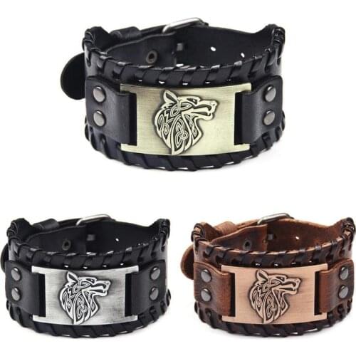 Vintage Men Weave Bangle Wide Leather Adjustable Wolf Head Bracelet Jewelry Vintage Wide Bracelets Nordic Viking Bracelet Men
