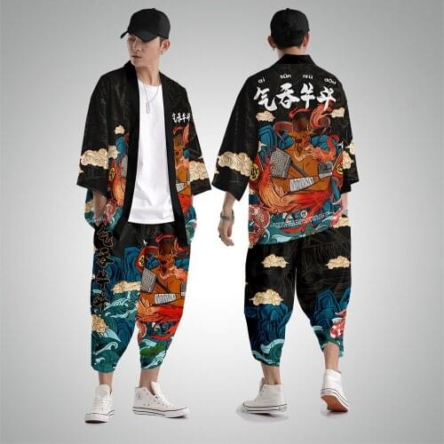 Bull Samurai Printed Japanese Kimono Haori And Pants Men Traditional Harajuku Streetwear Cardigan Yukata