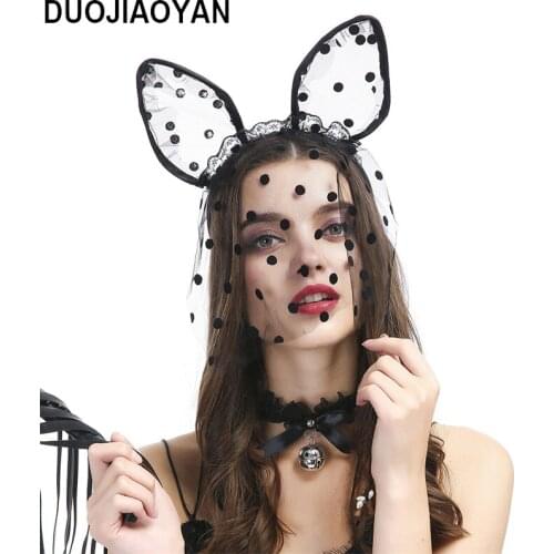 DUOJIAOYAN Women Black Lace Cat Ear Hairband Lace Cute Costume Headband Sexy Dot Hair Accessories Party Headpiece With veil