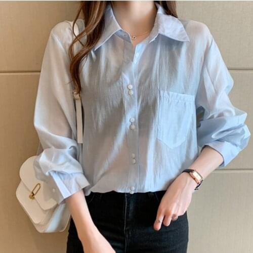 2021 New Summer Chiffon Long Sleeve Anti-Sai Shirt Han Fan Button Loose Solid Color Shirt Ladies Medium and Long Commuter DROWYD