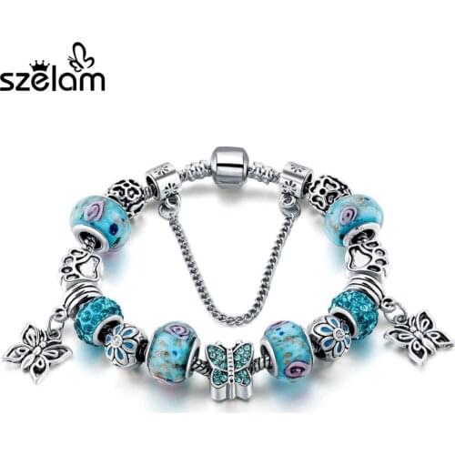 Szelam Silver Butterfly Charm Bracelet Women With Blue Charms Crystal Bracelets & Bangles For Woman Pulseira Bijoux Sbr160129