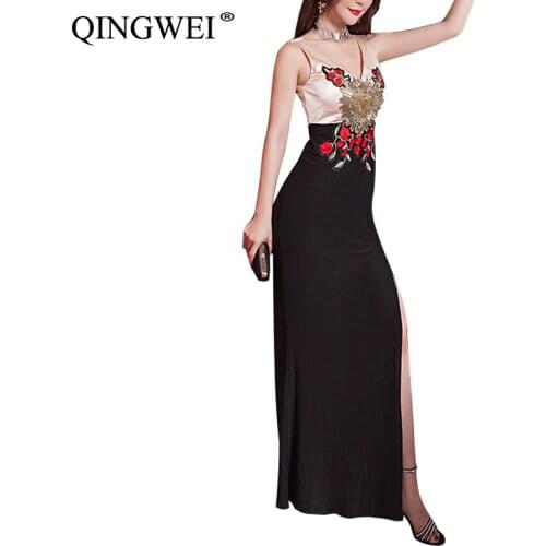 QINGWEI S XXL 2019 Summer New Sexy Dress Women Red Hotel Open Back Party Black National Style Embroidery Split V-neck Long Dress