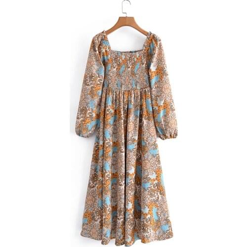 2021 Autumn New Vintage Fashion Printed Square Collar Folds Elastic Waist Puff Sleeve Long Dress Loose Women Fashion Vestido