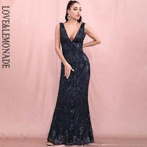LOVE&LEMONADE Sexy Deep V-Neck Open Back Navy Geometric Sequin Bodycon Fishtail Maxi Dress LM82483