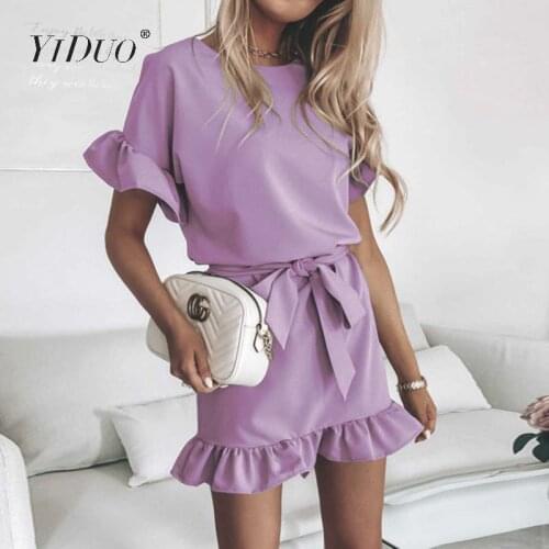 YiDuo Leisure A-Line Ruffle Womens Dress Elegant Round Neck Mini Dress Holiday Commuter White Purple Summer Casual Dress 2020
