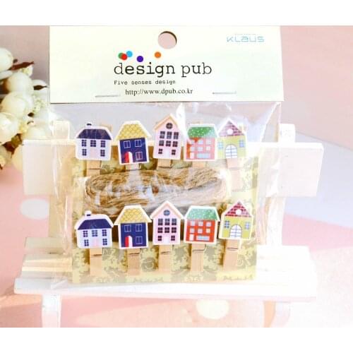 10 pcs/lot Lovely Little House Wooden Clip Photo paper Clothespin Craft Clips Party Decoration Clip with Hemp Rope