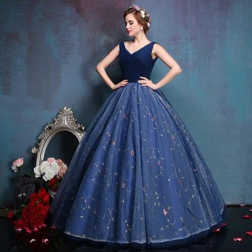 100%real navy pleated small flower embroidery medieval dress queen Renaissance ball gown princess Victorian/Marie Antoinette