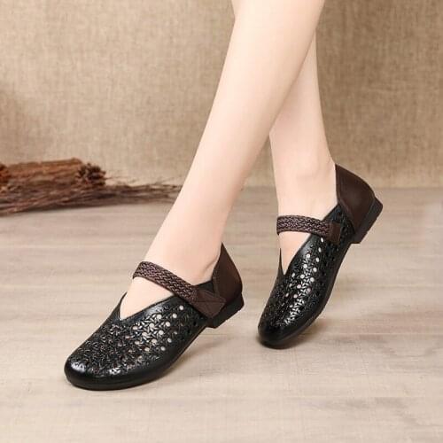 2021 New Genuine Leather Summer Shoes Woman Flats Hollow Breathable Hook&Loop Casual Flat Shoes Comfortable Women Shoes