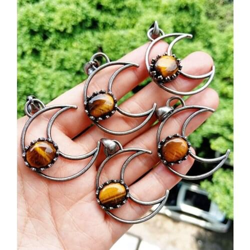 5pcs Tiger eye Gems Stone Moon Pendants Energy Reiki Healing Amulet Wholesale