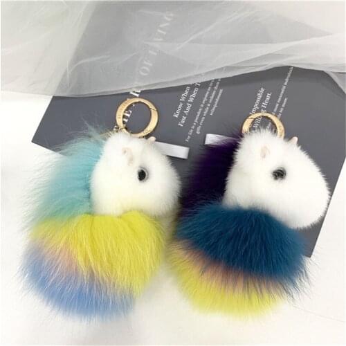 Unicorn Real Mink Fur Keychain Rainbow Pompom Genuine Fox Fur Ball Key Ring Backpack Hanger Charm Pendant Key Holder Gift