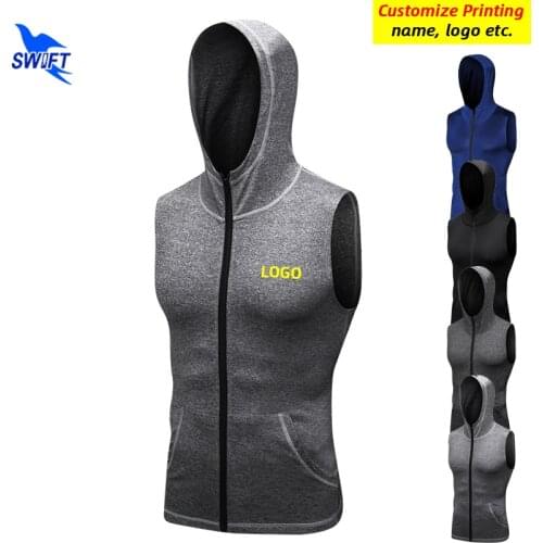 Quick Dry Elastic Sleeveless Running Jacket Men Rashguard Hooded Vest Hoody Sportswear Gym Fitness Training Sweatshirt Customize