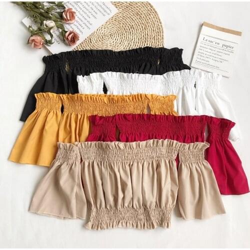 Elegant Summer Women Slash Neck Pullover Flare Sleeve Basic Chic Shirt Lady Short Elastic Slim Waist Pleated Ruffles Blouse Tops