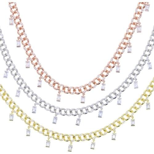 Stock Clearance Price Low Quantity Ice Rectangle CZ Drop Charm Cuban Link Chain Choker Hip Hop Women NECKLACE