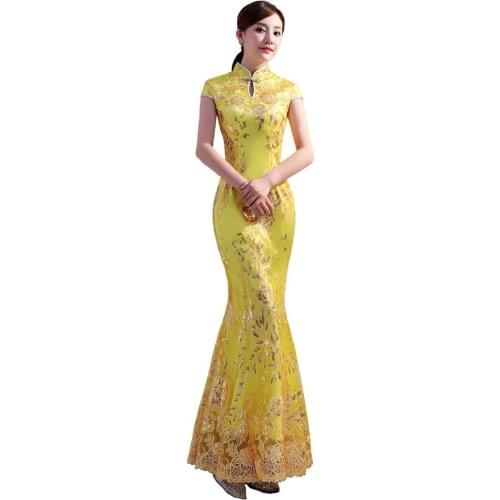 Shanghai Story Gold chinese traditional dress Floral Sequins Long mermaid Qipao Short Sleeve Lace cheongsam dress Oriental Dress
