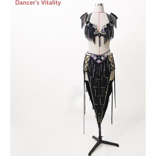 Belly Dance Competition Outfits Customized Bra Diamond Tassel Skirt Set Oriental Indian Drum Dancing Stage Performance Costume