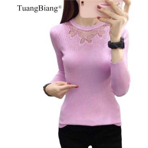 TuangBiang Mock Neck Lace Hollow Out Sexy Pullovers Purple Long Sleeve Rhinestone Sweaters Slim Winter Elastic Diamond Knit Tops