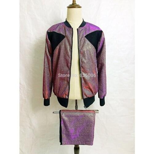 Nightbar Male Dj Purple gradient flash powder baseball jacket set singer dancer stage costumes sets
